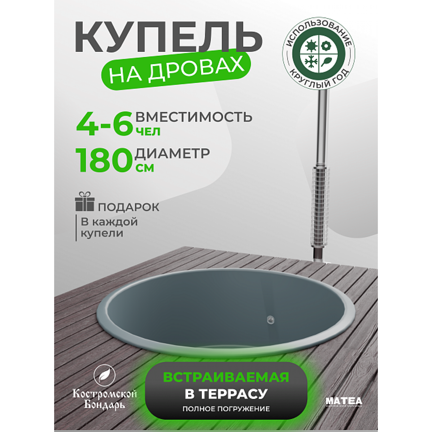 Купель BondarSpa™ встраиваемая в террасу чаша Графит D180 v1